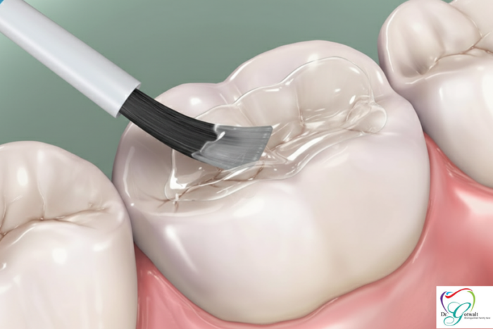 Vector illustration of molar tooth being applied with dental sealant